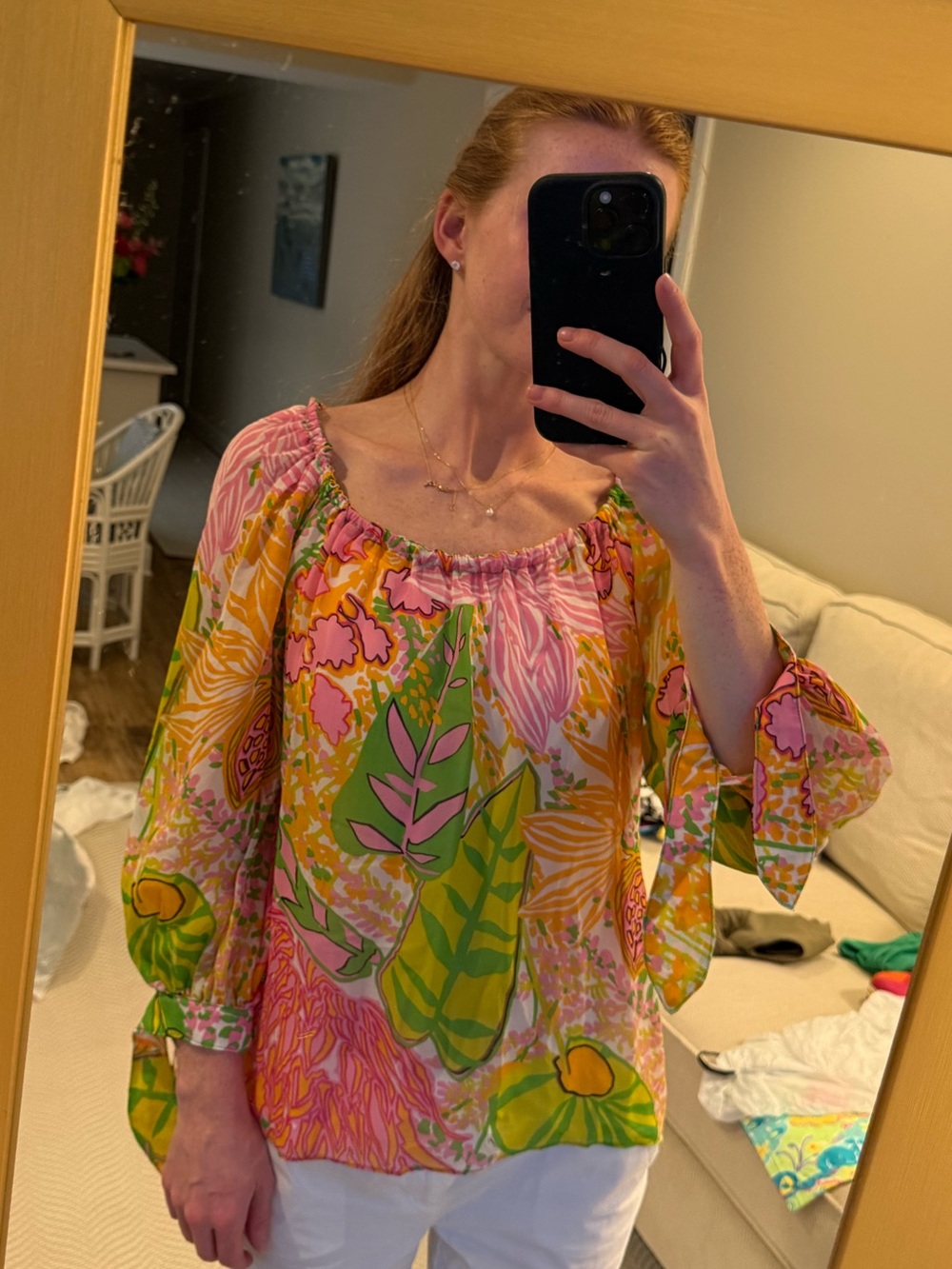 Trina Turk Pink, Green & Yellow Floral Sheer Off-Shoulder Blouse